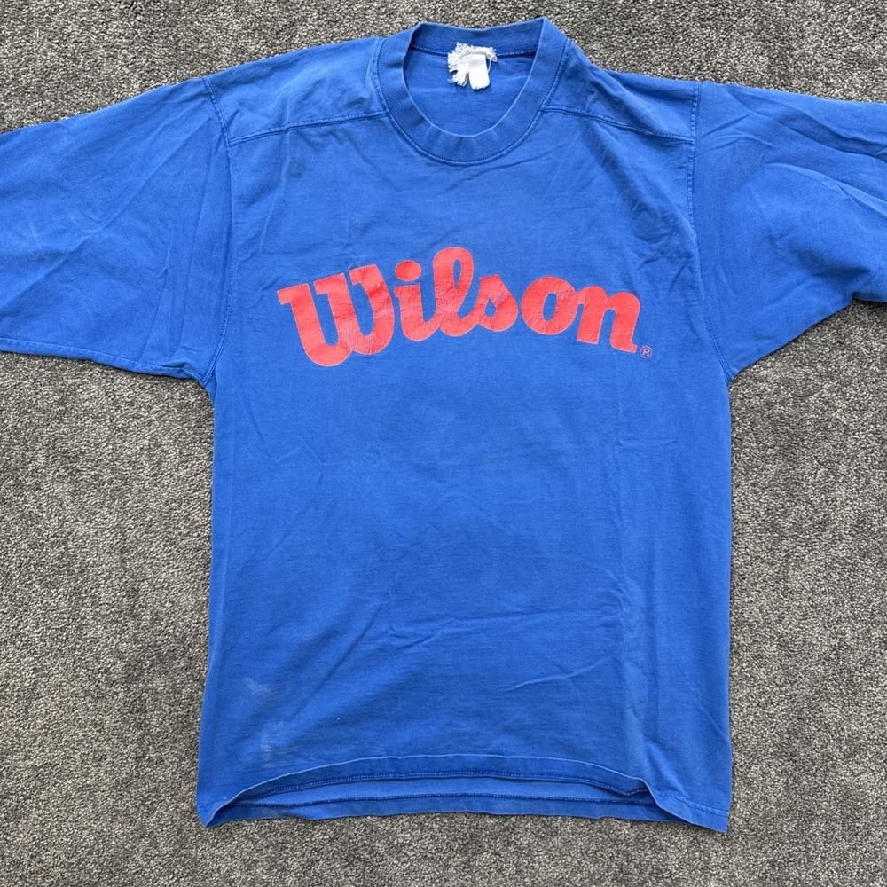 VTG Mens M Wilson Crewneck Sweatshort Made In USA 3/4 Sleeve Spell Out Blue